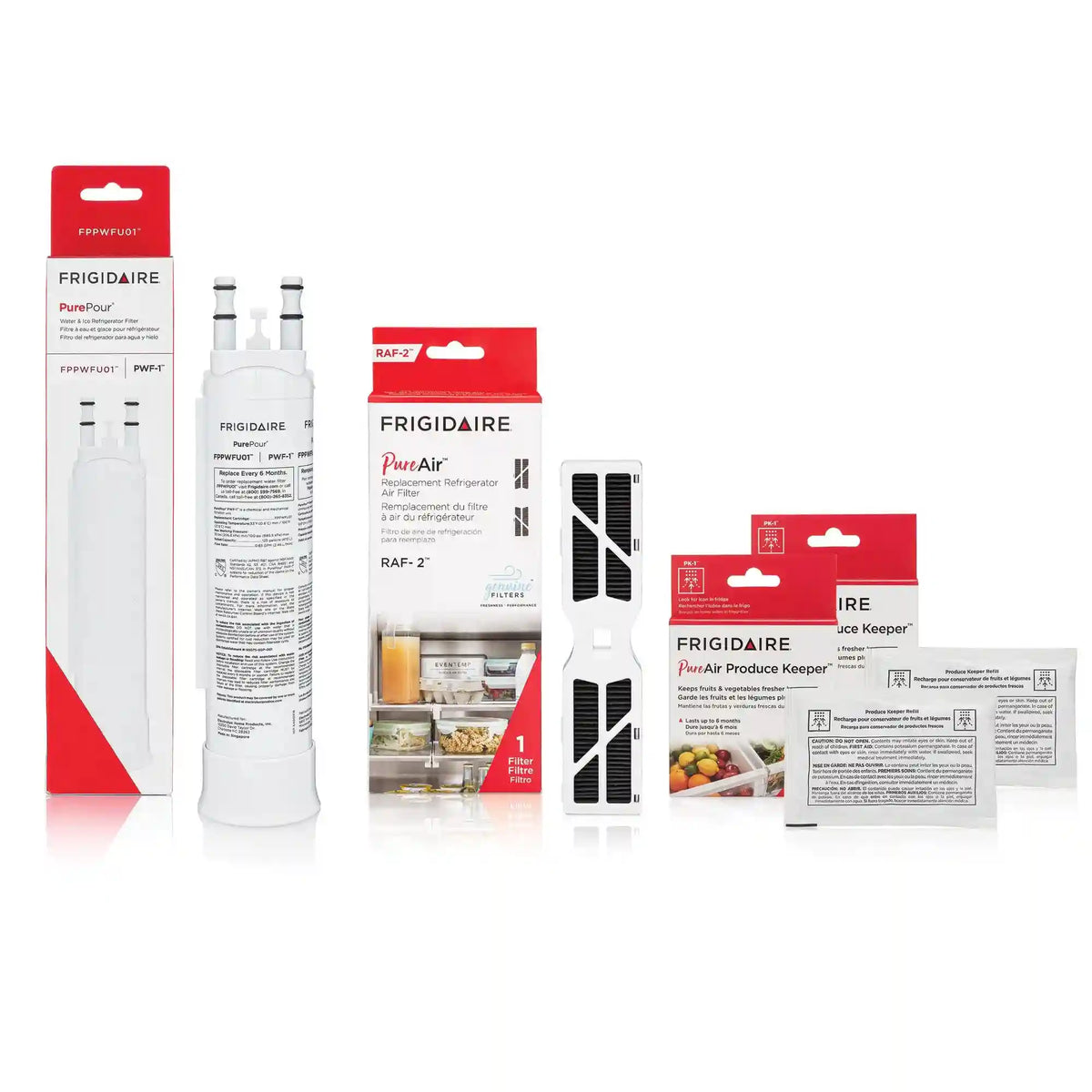 FPPWFU01, FRGPAAF2, and (2) FRPAPKRF Water and Air Filter Combo Kit with Produce Keeper