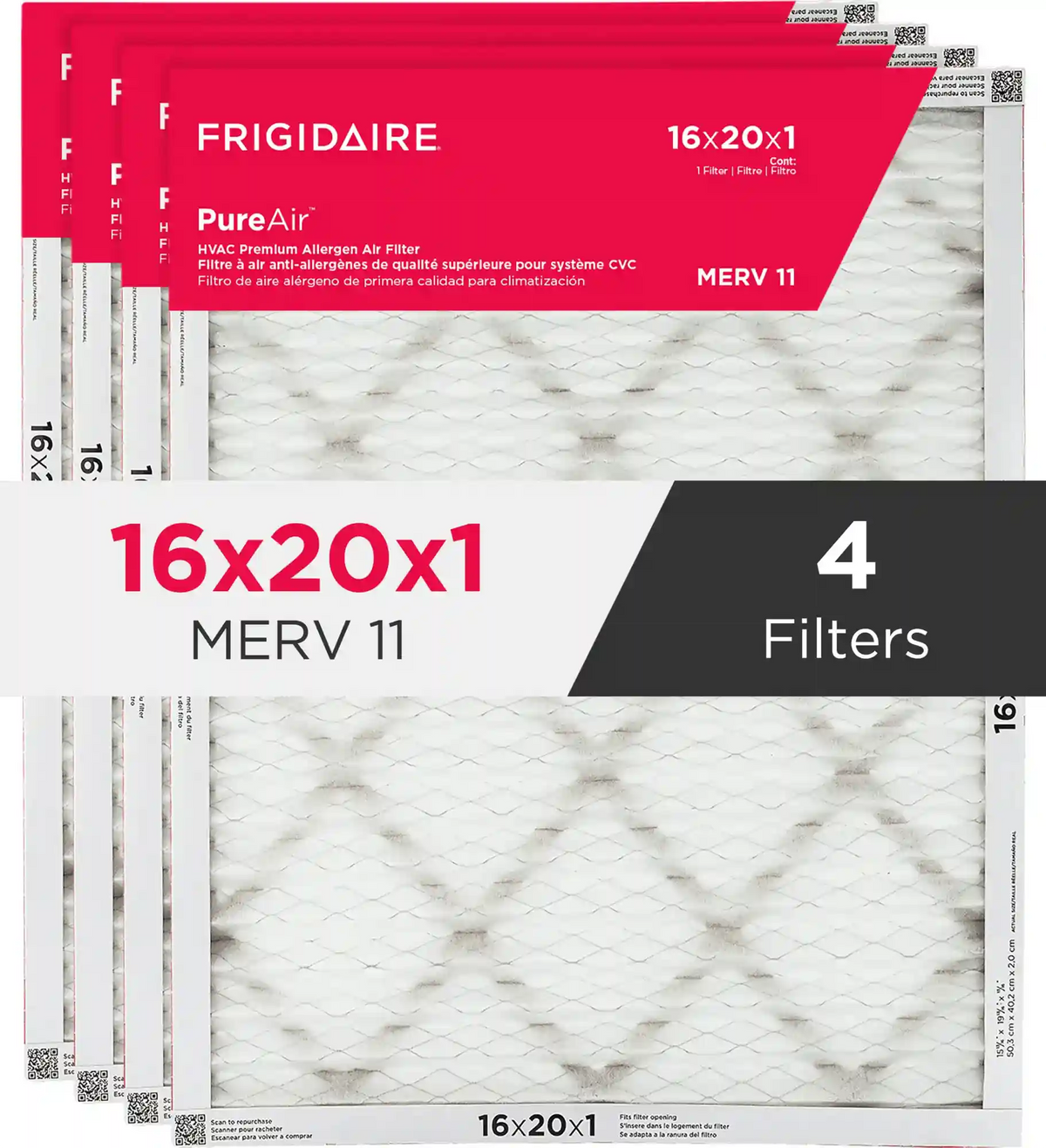 PureAir® 16" x 20" x 1" MERV 11 Premium Allergen Air Filter - 4 Pack
