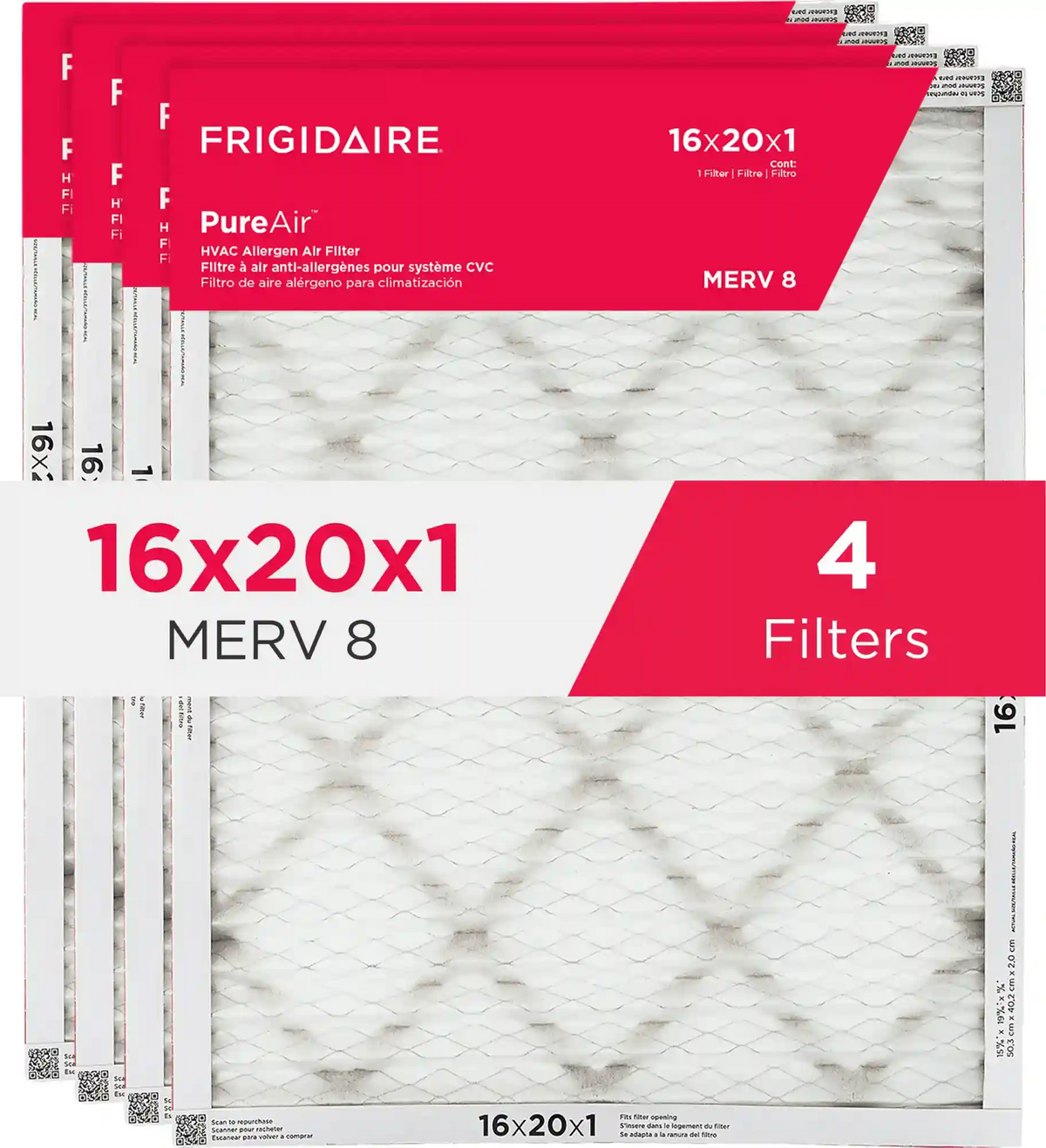 PureAir® 16" x 20" x 1" MERV 8 Allergen Air Filter - 4 Pack