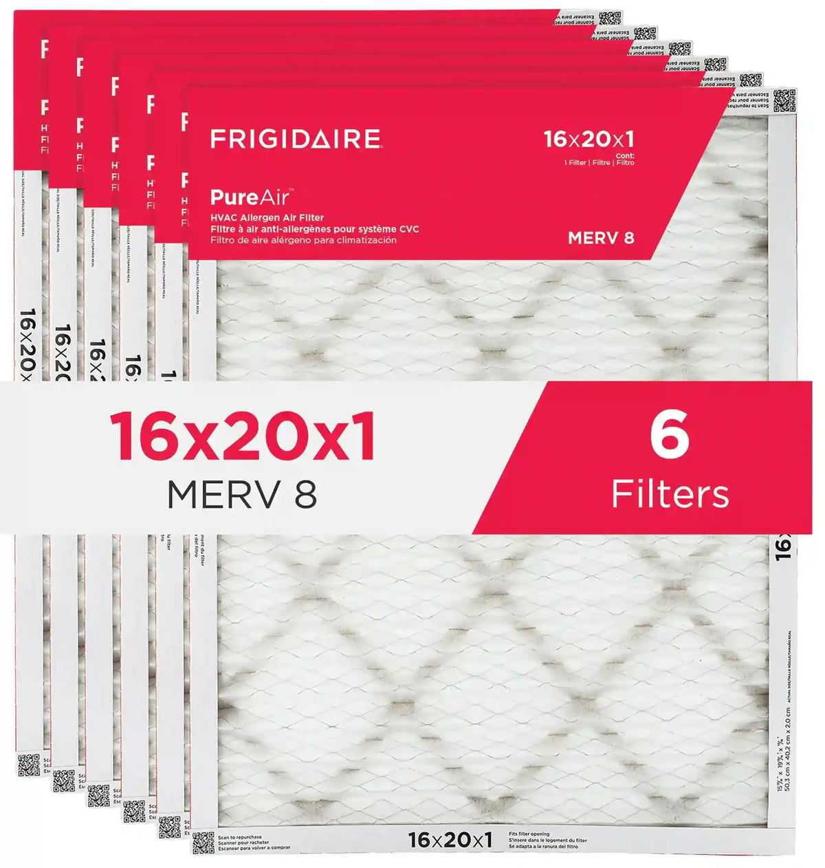 PureAir® 16" x 20" x 1" MERV 8 Allergen Air Filter - 6 Pack