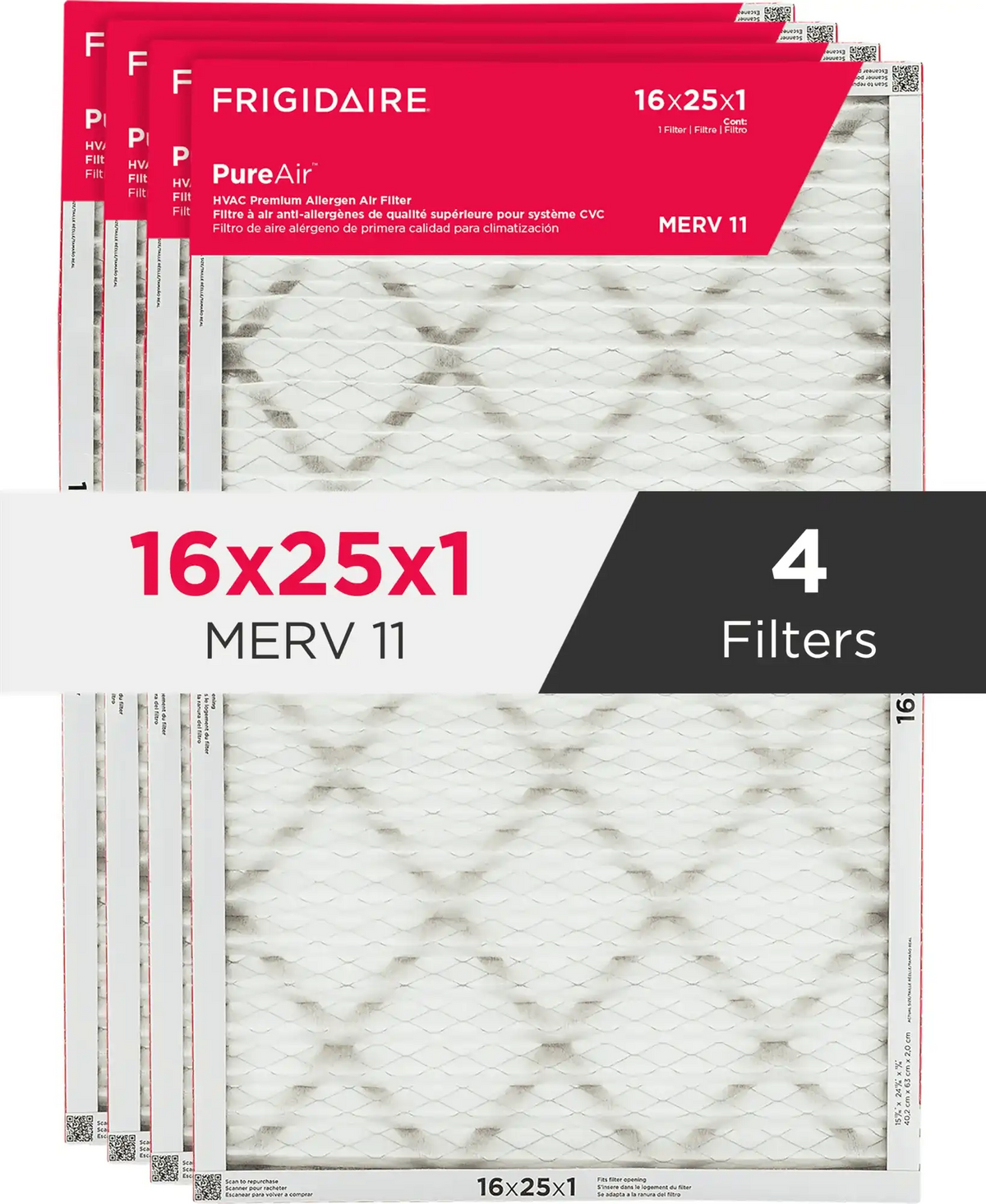 PureAir® 16" x 25" x 1" MERV 11 Premium Allergen Air Filter - 4 Pack
