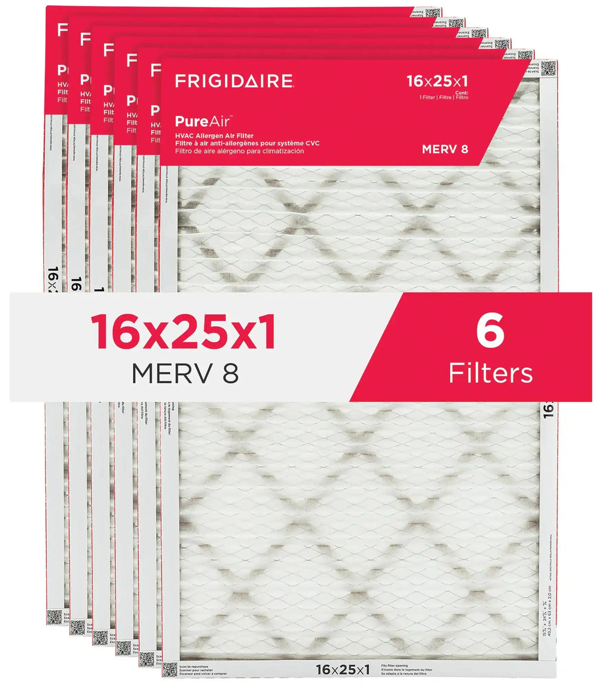 PureAir® 16" x 25" x 1" MERV 8 Allergen Air Filter - 6 Pack