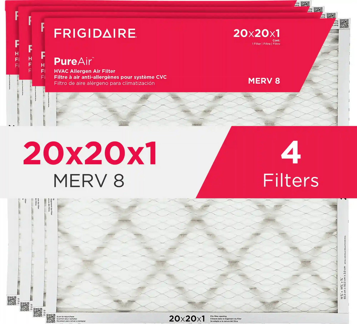 PureAir® 20" x 20" x 1" MERV 8 Allergen Air Filter - 4 Pack