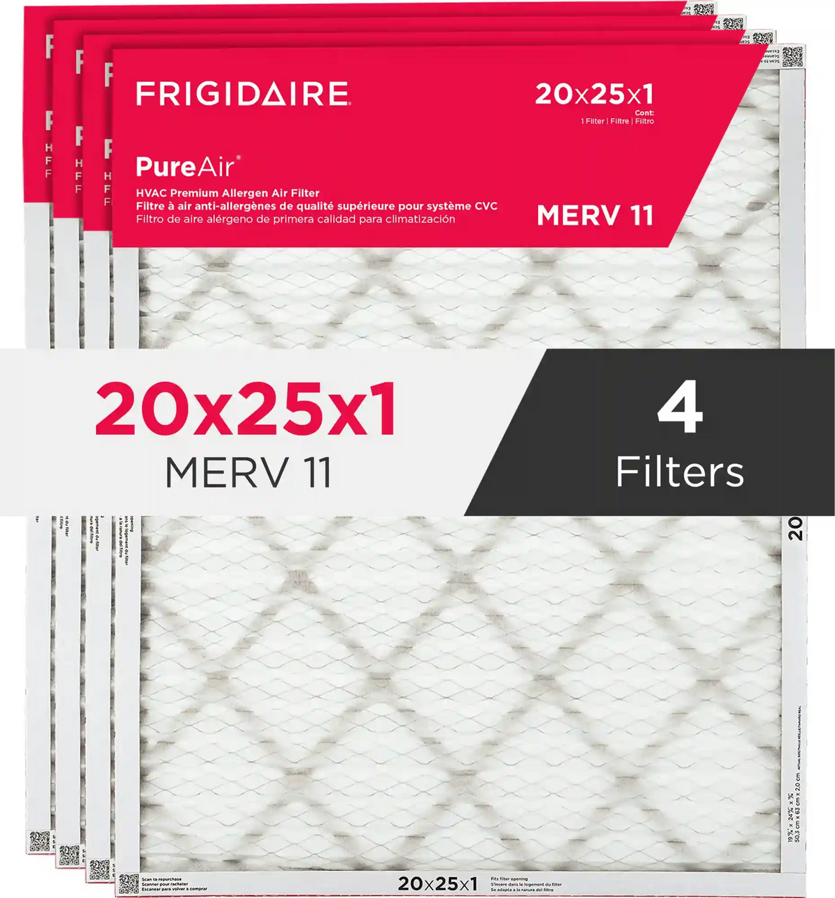 PureAir® 20" x 25" x 1" MERV 11 Premium Allergen Air Filter - 4 Pack